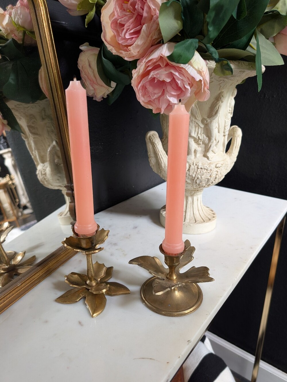 Vintage, set of 2, Brass Gold Leaf style Candle holders, 3"-4"